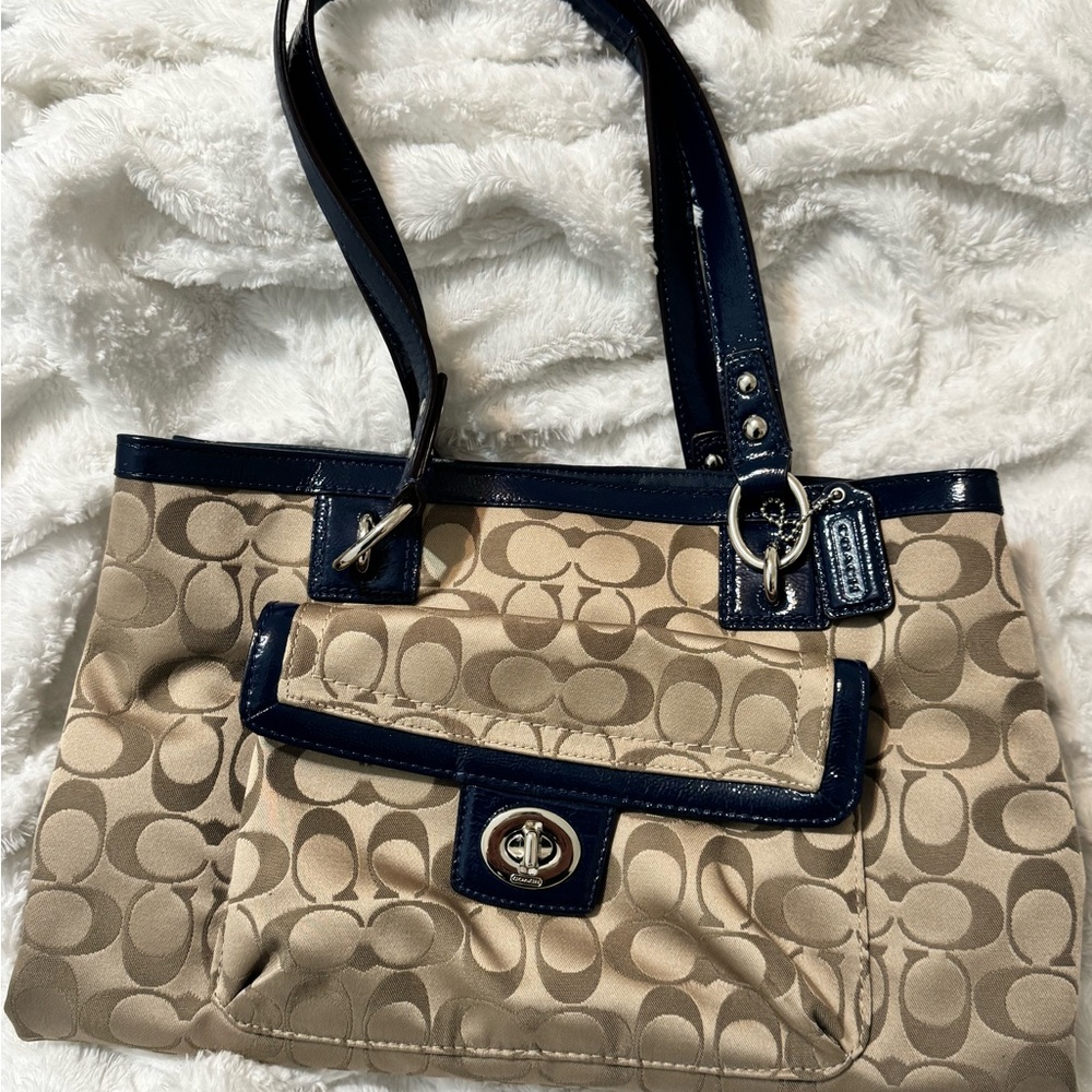 Coach Signature Beige and Dark Blue Shoulder Bag